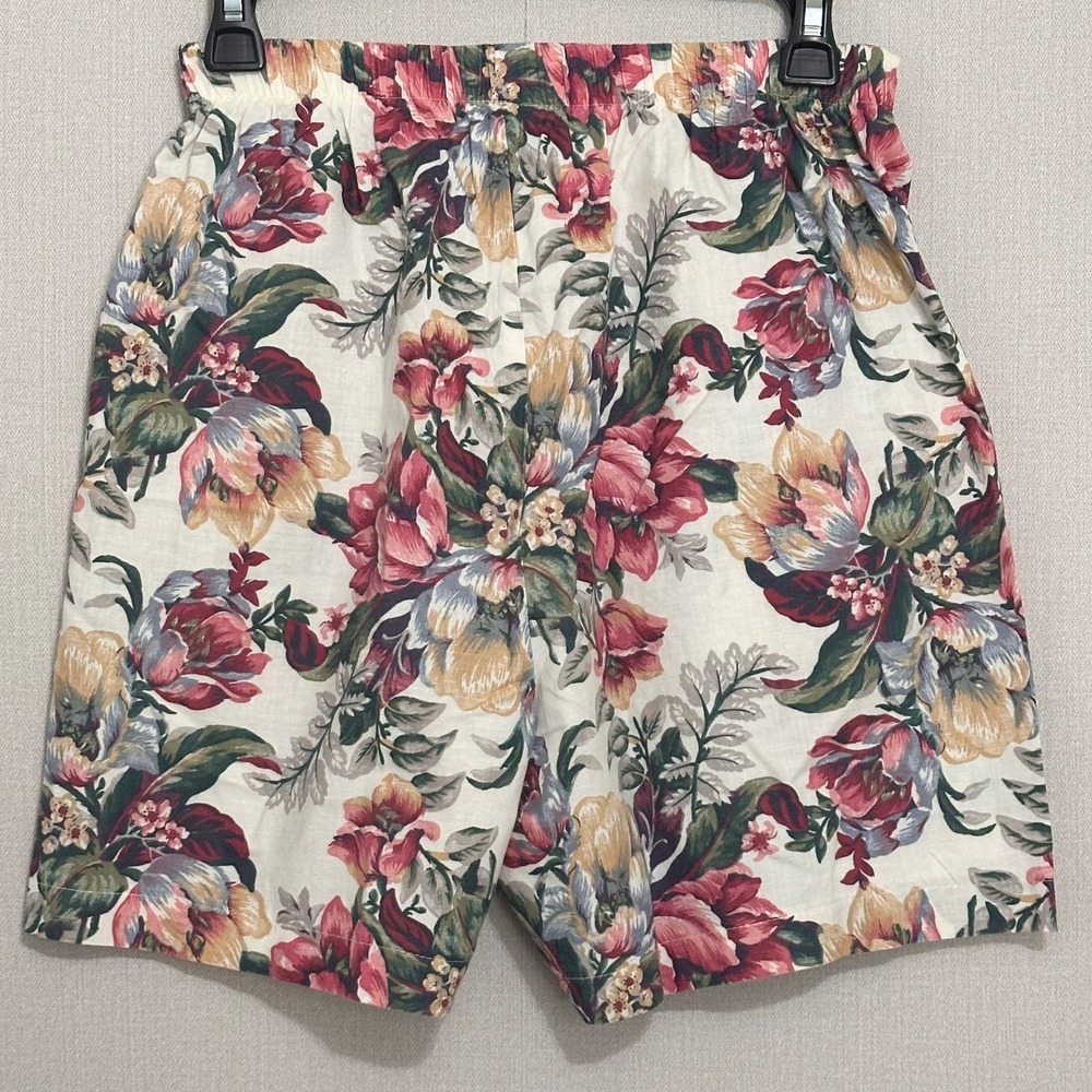 Vintage Floral High Waisted Cotton Shorts Made in USA Pink Green Medium